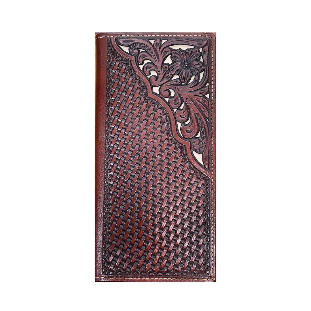 Top Notch Brown Basketweave/Floral Design Corne Inlay Tall Wallet