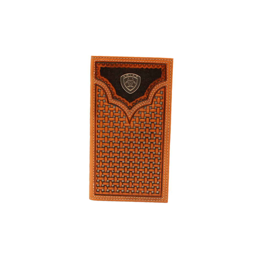 Ariat Men's Natural Basket Weave Pierced Shield Light Brown Wallet
