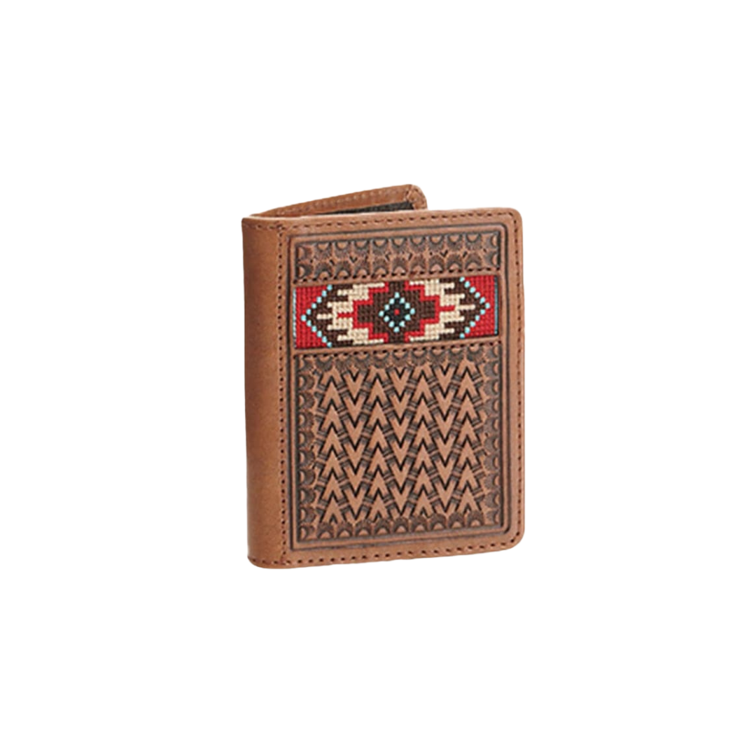 Ariat Men's Basketweave Aztec Embroidery Tri Fold Brown Wallet