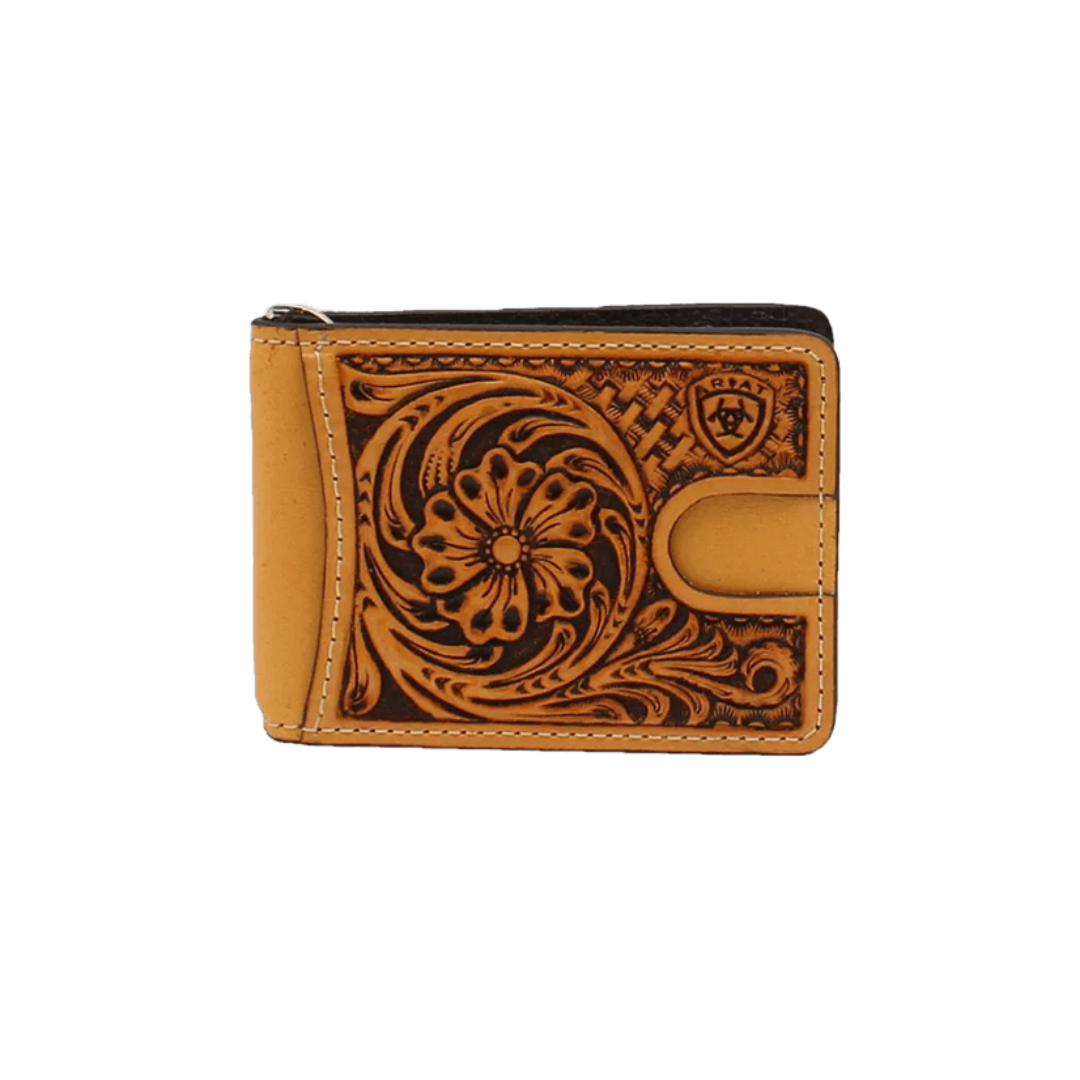 Ariat Men's Floral Embossed Bifold Money Clip Tan Wallet