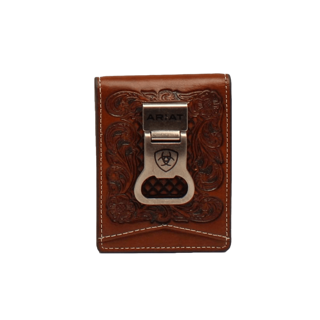 Ariat Men's Floral Embossed Bifold Money Clip Brown Wallet