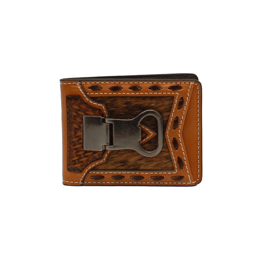 Ariat Men's Basket Weave Calf Hair Money Clip Brown Wallet