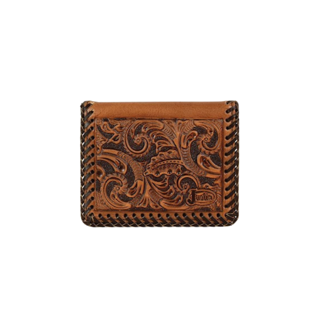 Justin Men's Card Case Tooled Whipstitch Brown Wallet