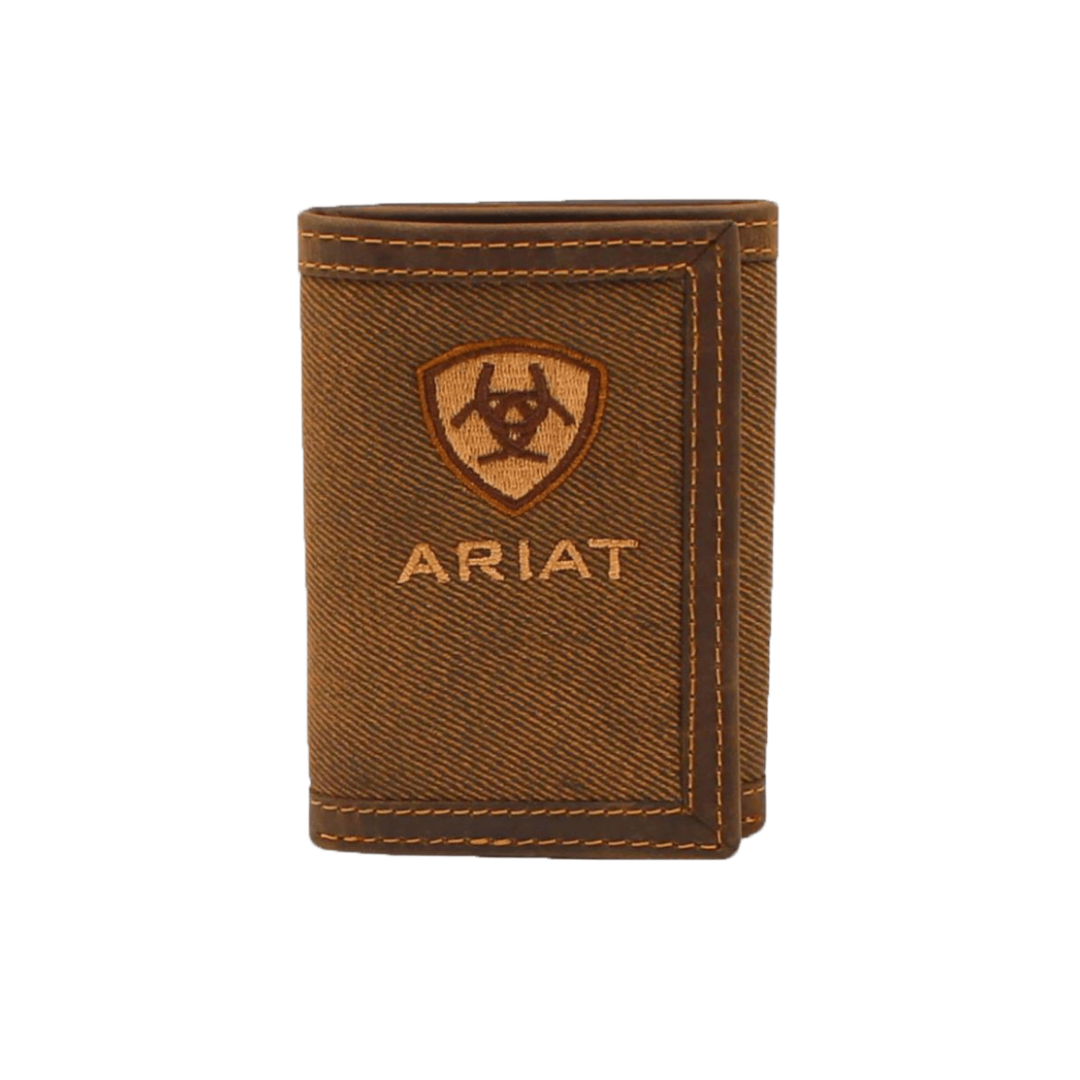 Ariat Men's Cotton Center Tri Fold Embroidered Brown Wallet