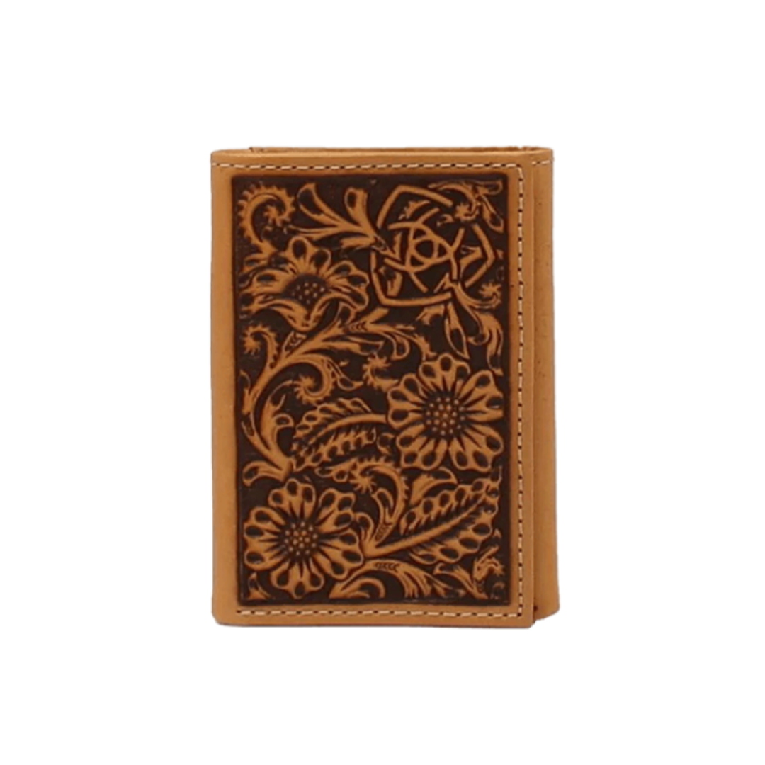 Ariat Men's Trifold Floral Embossed Leather Brown Wallet