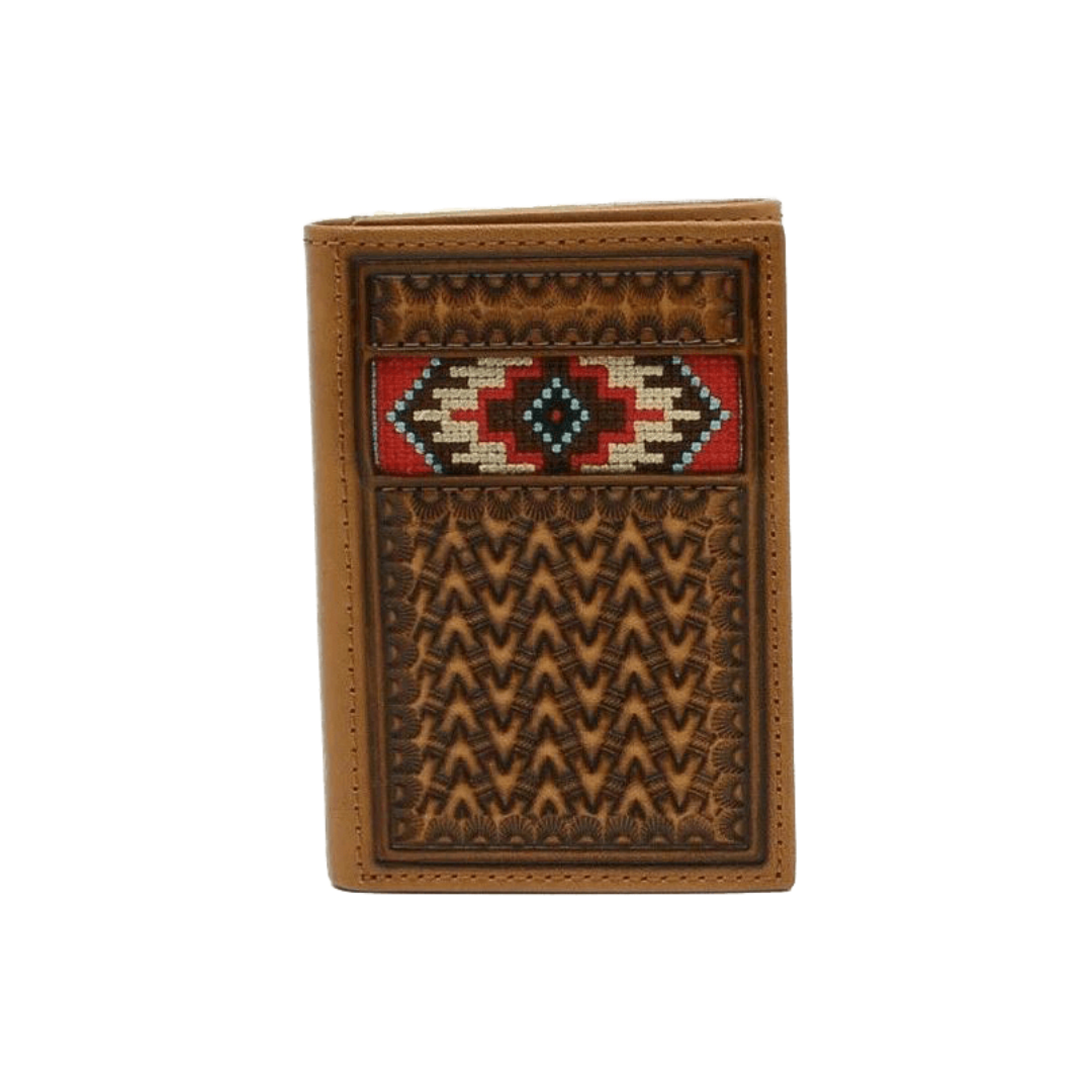 Ariat Men's Basketweave Aztec Embroidery Trifold Brown Wallet
