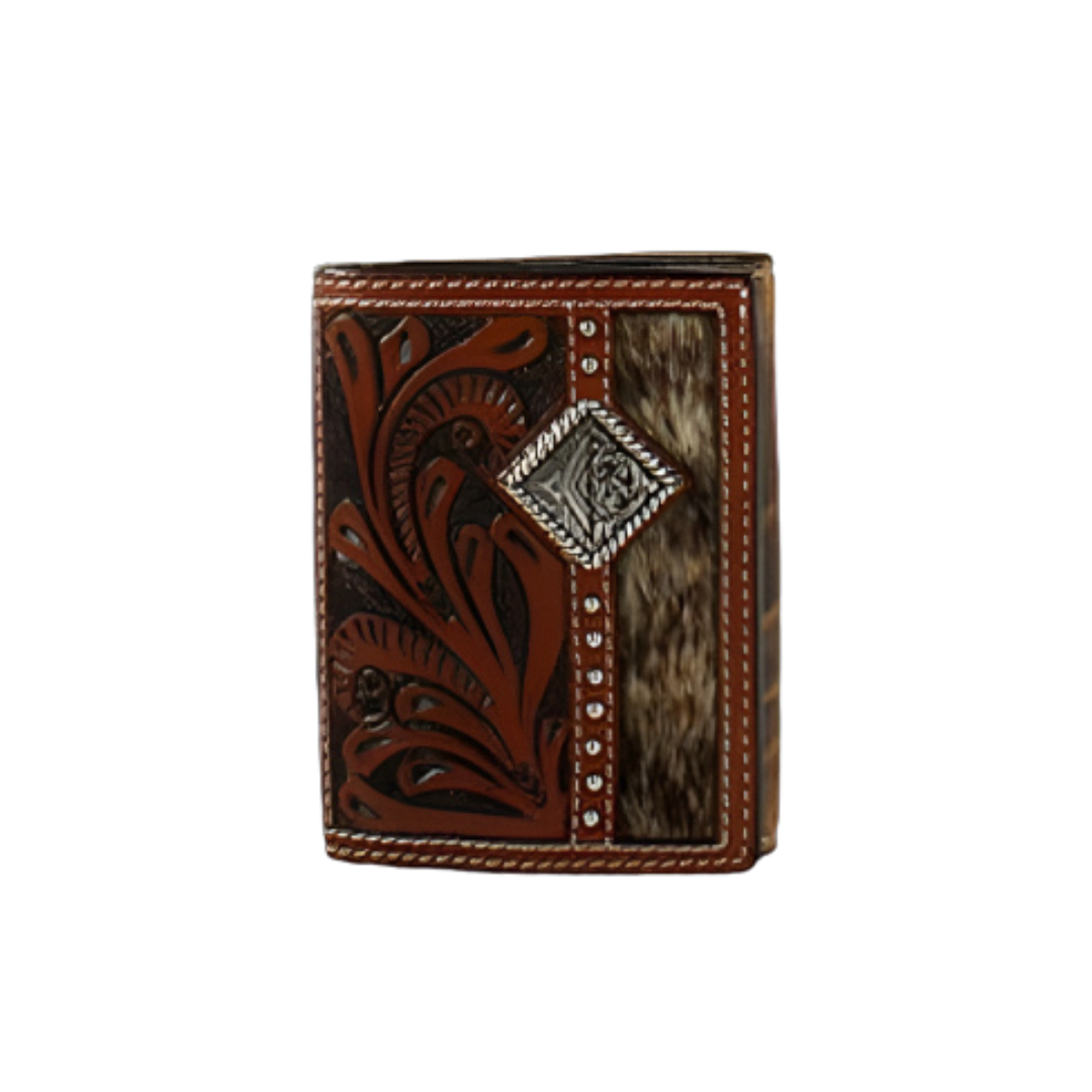 3D Men's Trifold Calf Hair Concho Brown Wallet