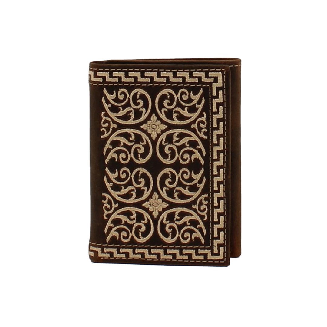 Nocona Men's Cream Embroidered Trifold Brown Wallet