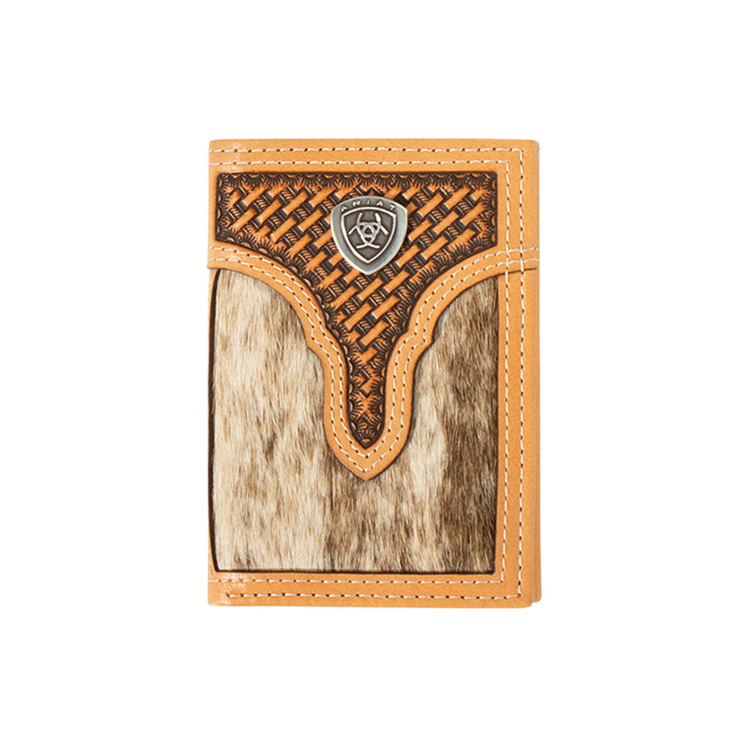 Ariat Men's Calf Hair Basket Weave Trifold Wallet Natural