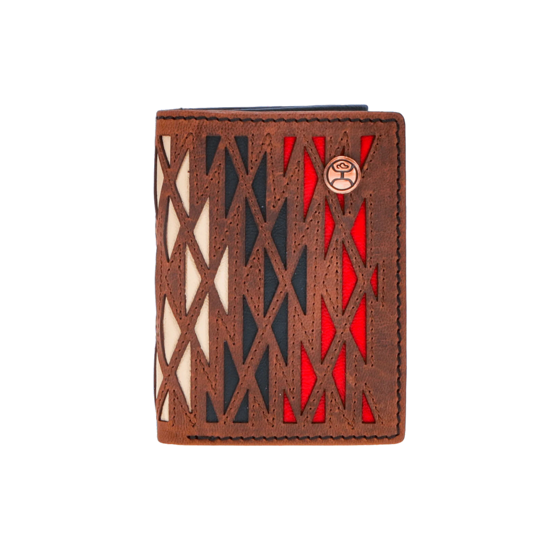 Hooey Men's Chapawee Laser Cut Aztec Print Trifold Ivory Red Wallet