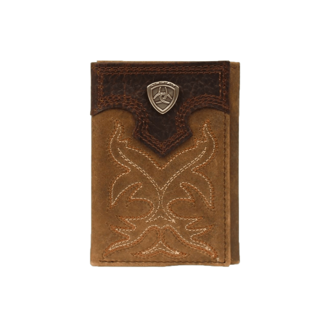 Ariat Men's Boot Stitching Leather Tri Fold Distressed Brown Wallet