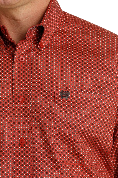 Cinch Men's Geometric Print Button Down Western Red Brown Shirt