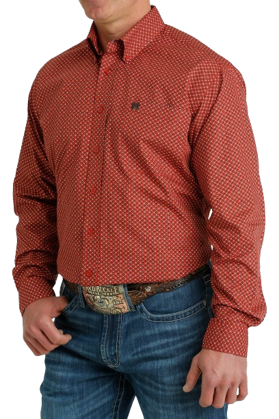 Cinch Men's Geometric Print Button Down Western Red Brown Shirt