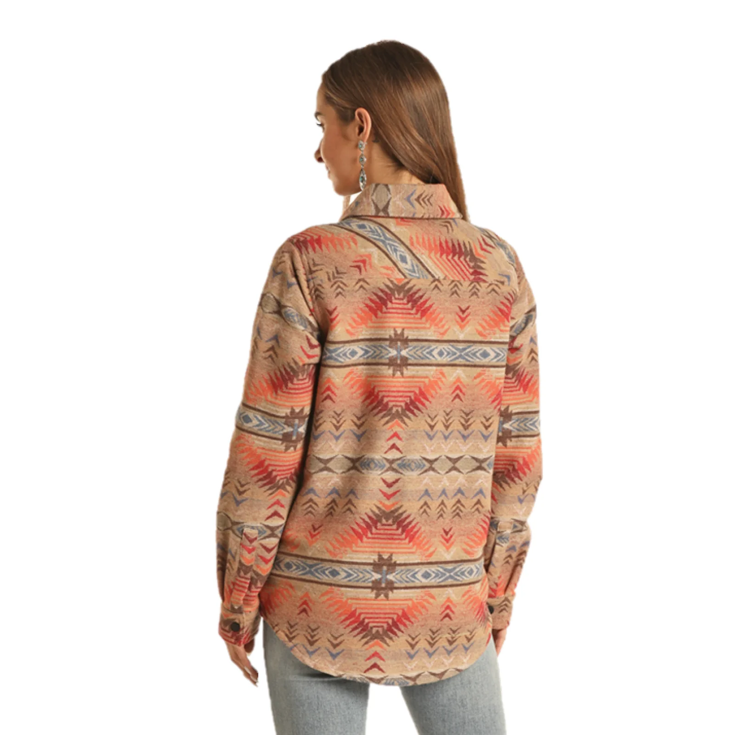 Rock &amp; Roll Denim Ladies Aztec Print Dusty Tan Long Shacket
