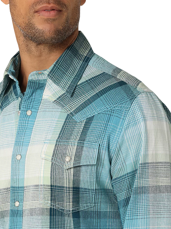 Wrangler Men's Retro Premium Long Sleeve Westerm Blue Shirt
