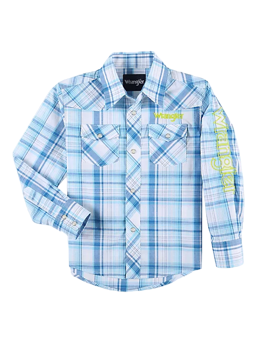 Wrangler Boys Logo Long Sleeve Western Blue Shirt