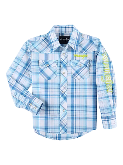 Wrangler Boys Logo Long Sleeve Western Blue Shirt