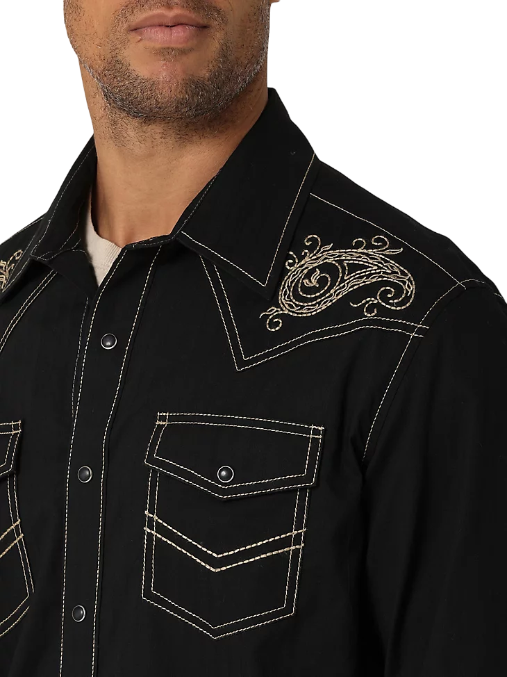 Wrangler Men's Rock 47 Long Sleeve Embroidered Yoke Black Ember Western Shirt - Tall