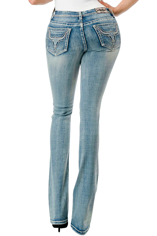Grace In LA Women's Embroidered Bandana Steerhead Mid Rise Bootcut Jean