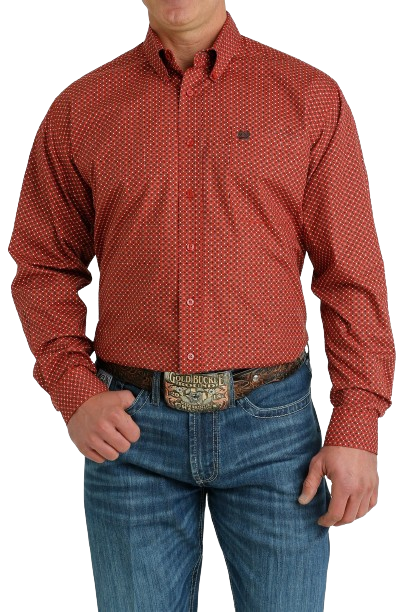 Cinch Men's Geometric Print Button Down Western Red Brown Shirt