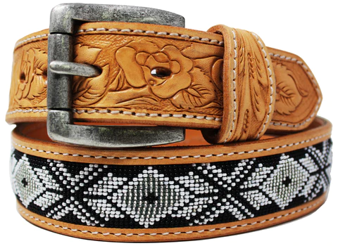 Challenger Men's Western Floral Tooled Beaded Full-Grain Leather Belt