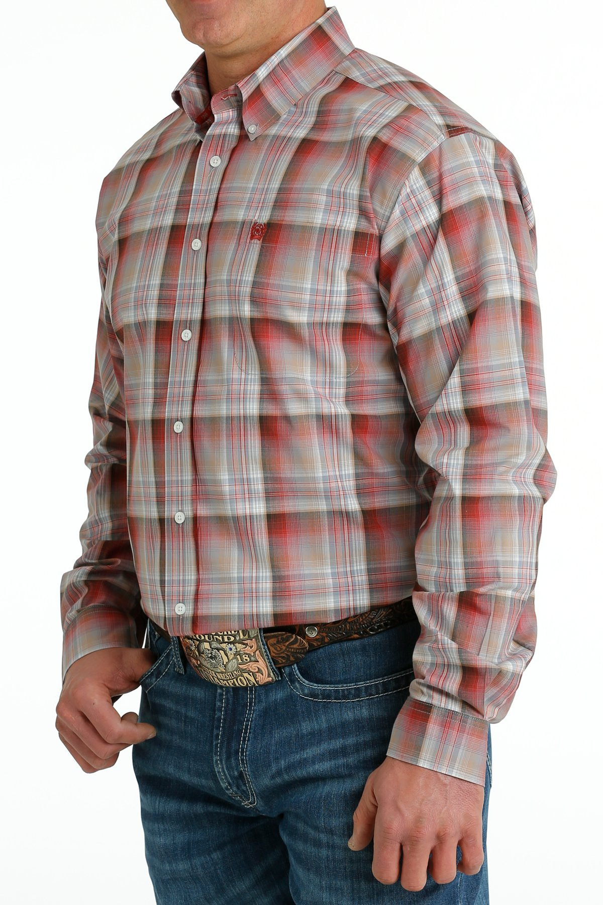 Cinch Men's Plaid Button Down Western Red Khaki Brown Shirt