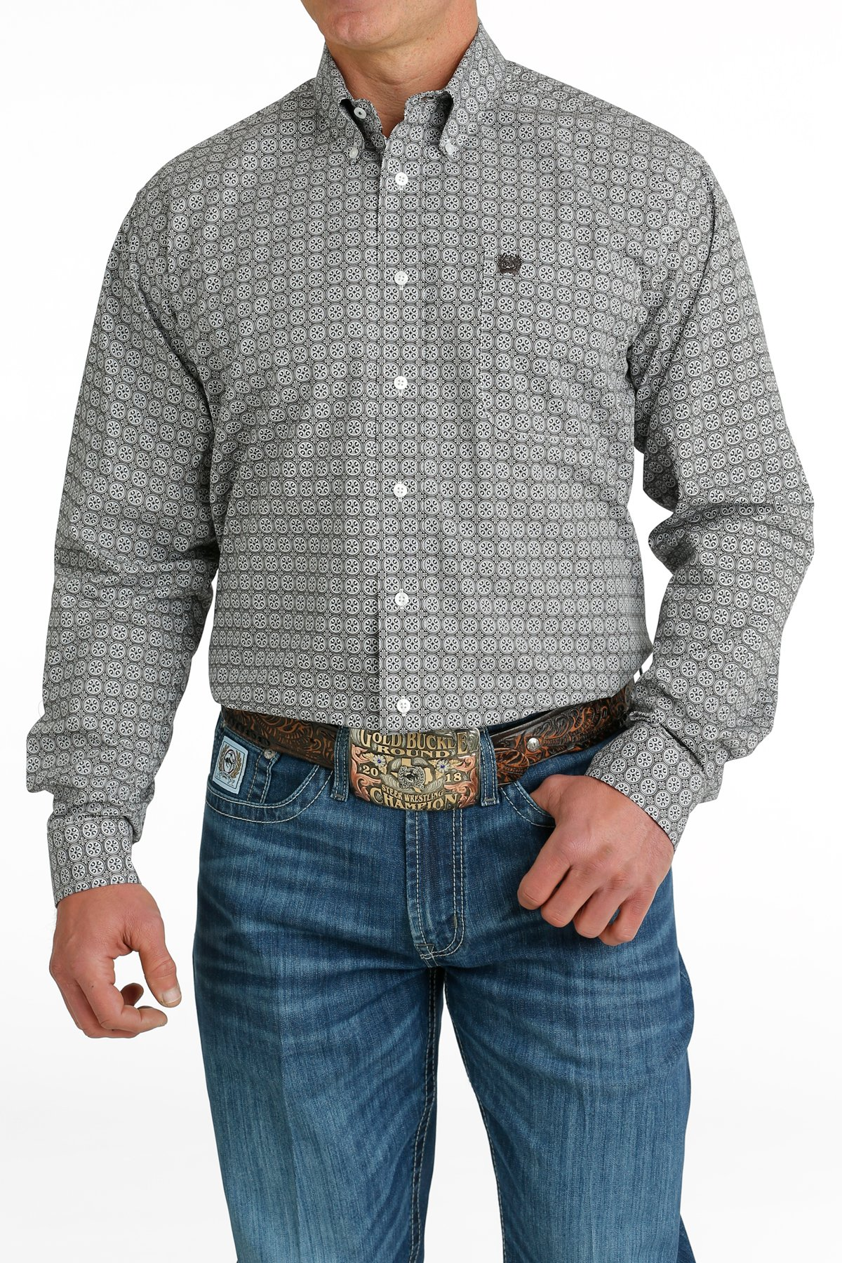 Cinch Men's Medallion White Gray Shirt