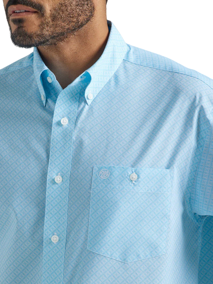 Wrangler Men's Light Blue and White Geo Print Long Sleeve Western Shirt - Big