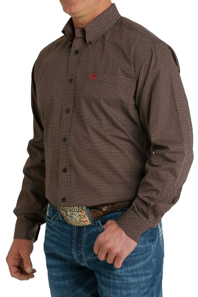 Cinch Men's Geometric Print Button Down Western Brown Khaki Shirt