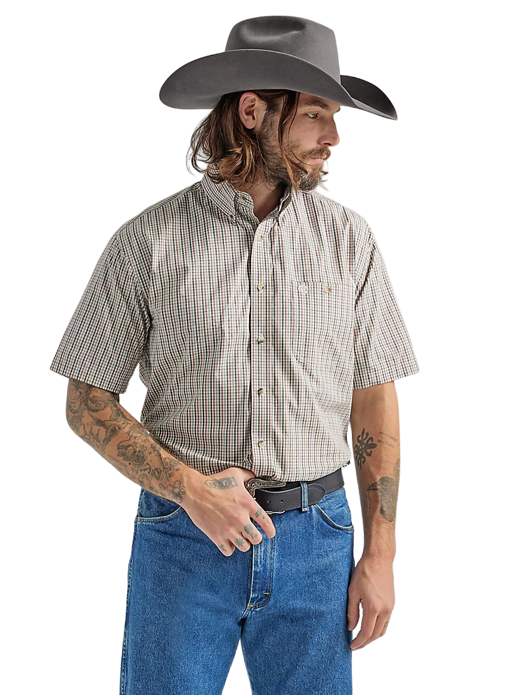 Wrangler Men's George Strait Plaid Pocket Olive Red Shirt - Big