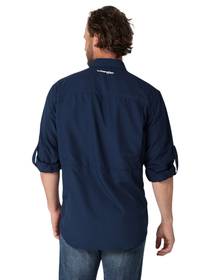 Wrangler Mens Performance Button Front Long Sleeve Solid Blue Shirt