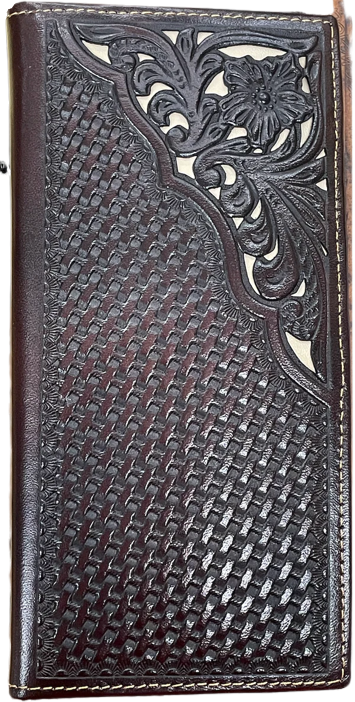 Top Notch Coffee Basketweave/Floral Design Corner Inlay Tall Wallet