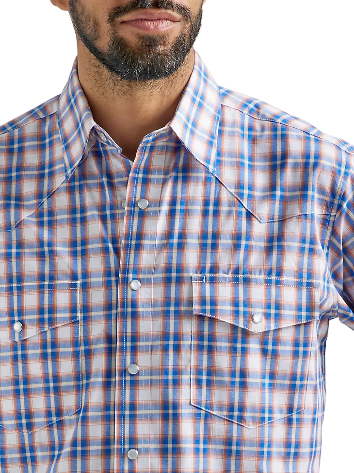 Wrangler Men's Wrinkle Blue Orange Western Plaid Shirt - Big