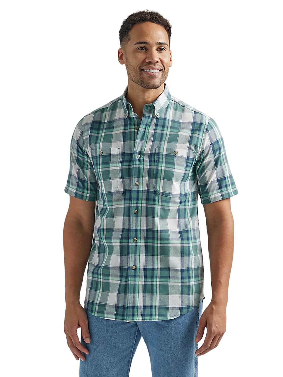 Wrangler Men's Rugged Wear Green & Blue Plaid Short Sleeve Shirt - Big