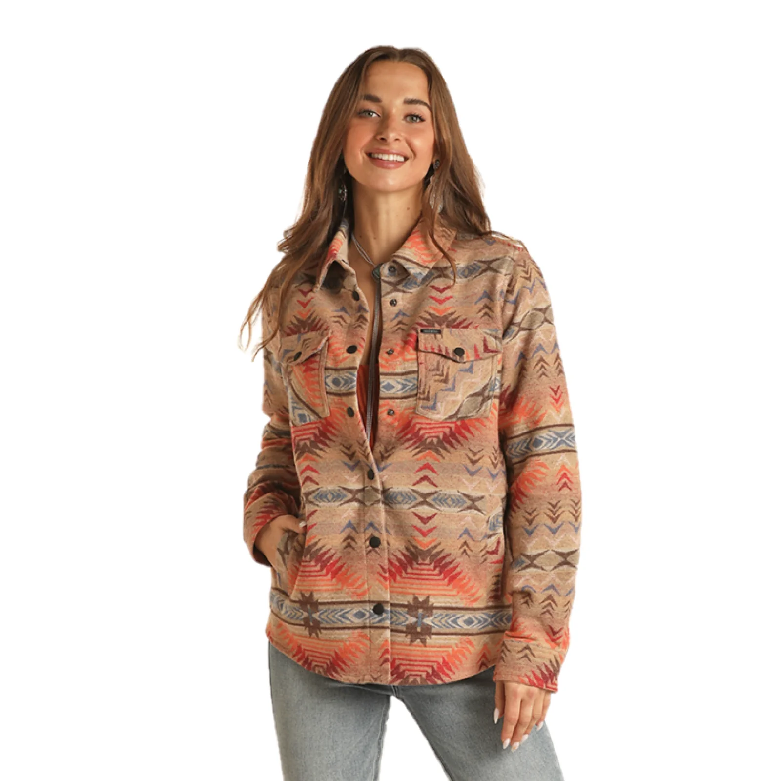 Rock &amp; Roll Denim Ladies Aztec Print Dusty Tan Long Shacket