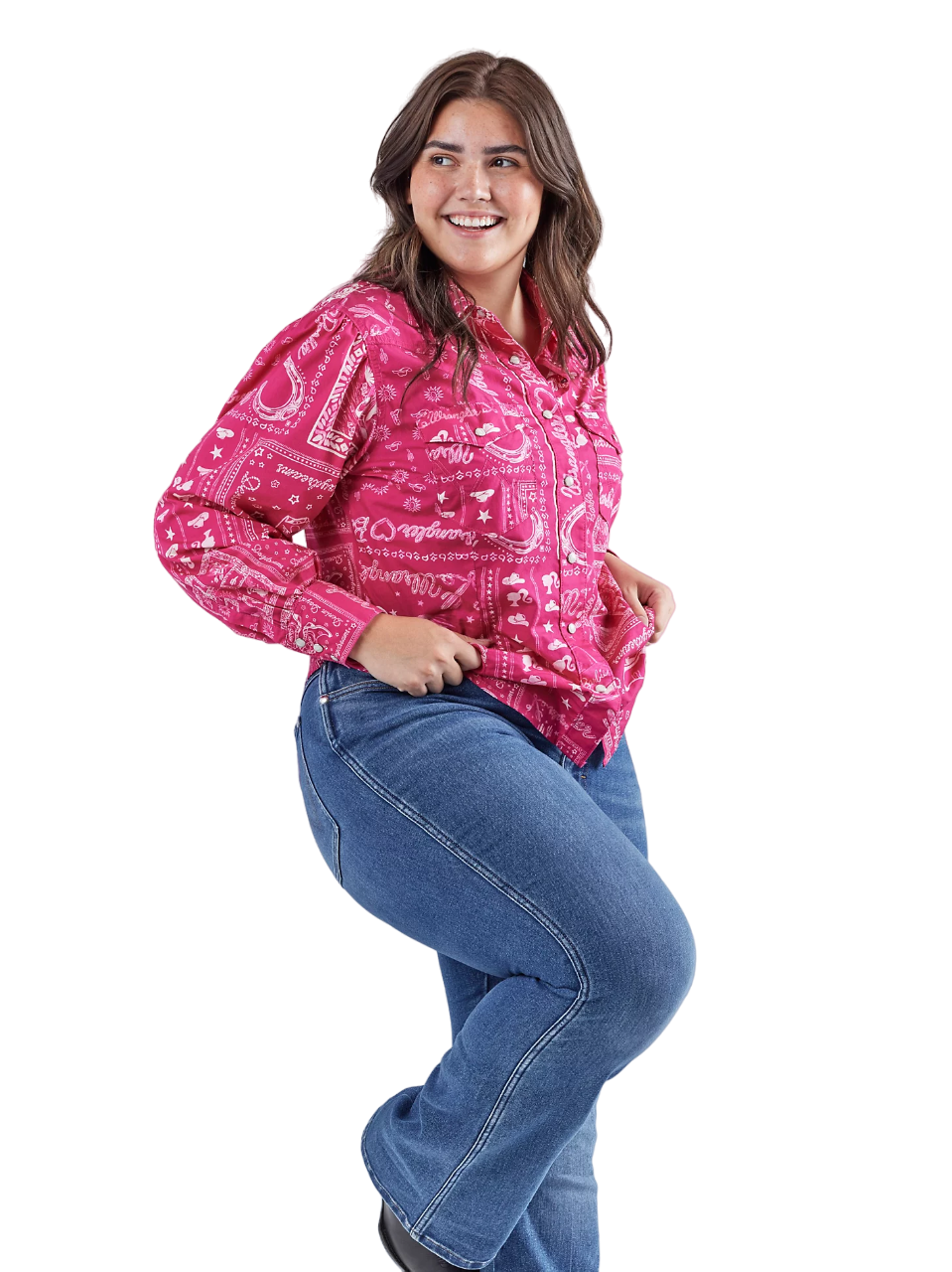 Wrangler Women's Barbie Western Balloon Sleeve Printed In Pink Bandana Blouse