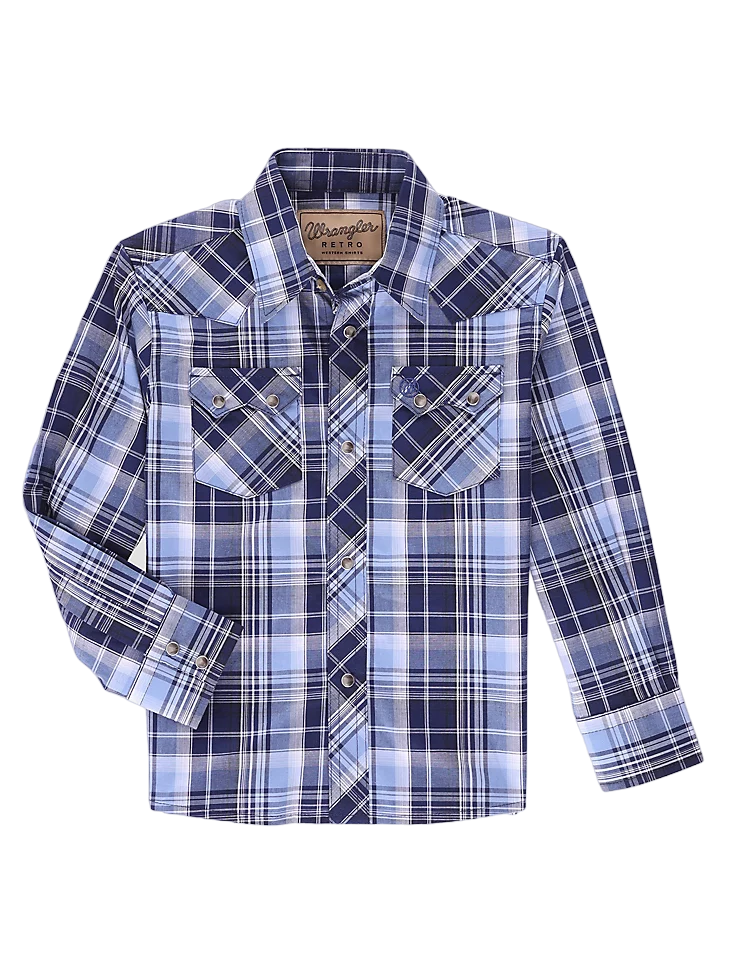 Wrangler Youth Boy's Retro Snap Plaid Blue Shirt