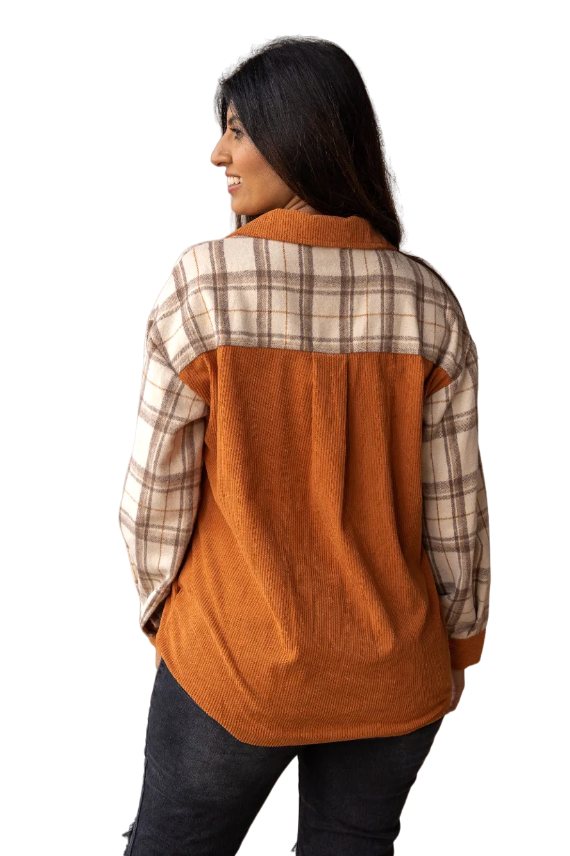 Southern Grace Women's Cozy Calling Rust Plaid Button Down Top