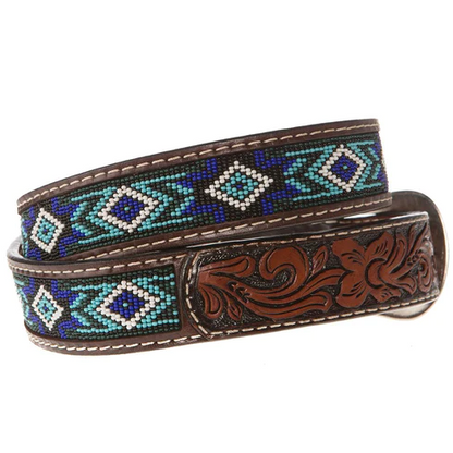 Western Fashion Brown With Blue And Turquoise Beading Belt