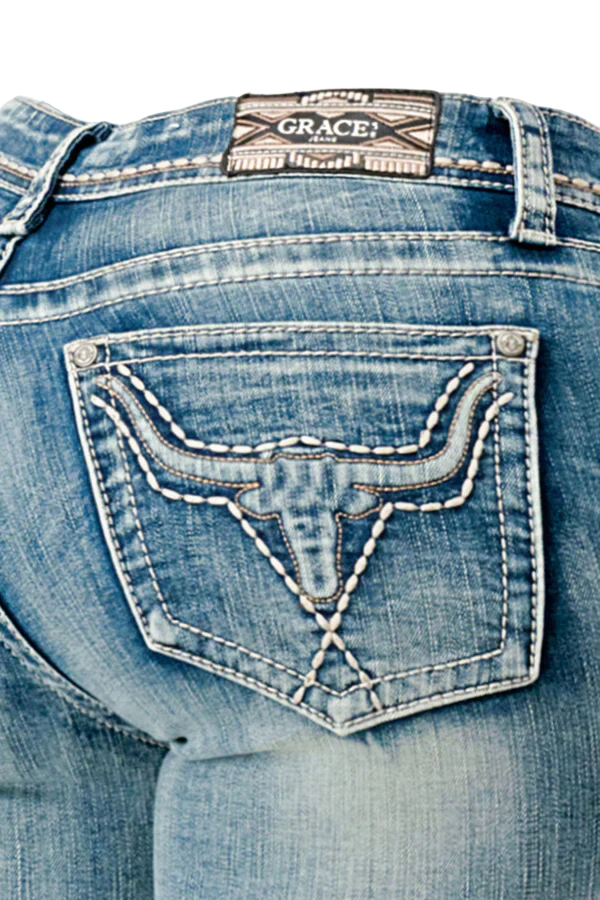 Grace In LA Women's Embroidered Bandana Steerhead Mid Rise Bootcut Jean