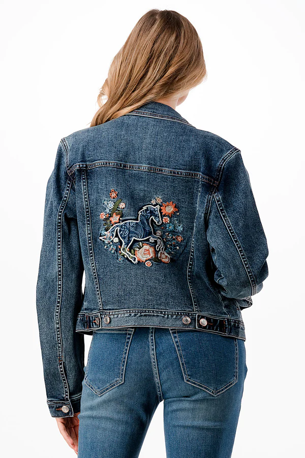 Grace Women's Horse/Floral Embroidery Denim Jacket