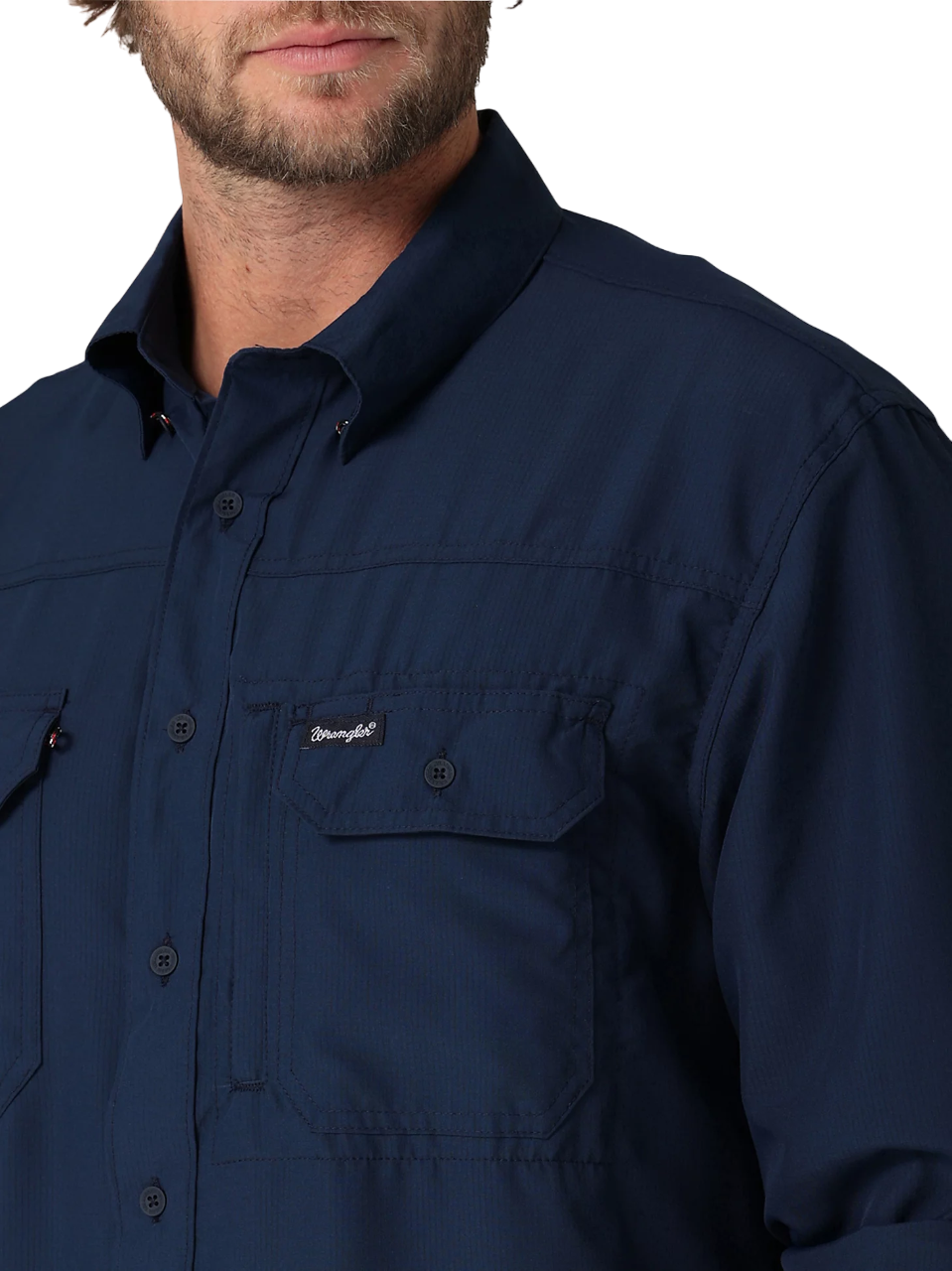 Wrangler Mens Performance Button Front Long Sleeve Solid Blue Shirt