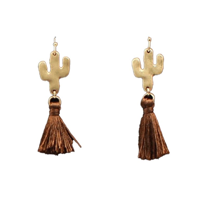 M&F Women's Gold Cactus Brown Tassel Earring