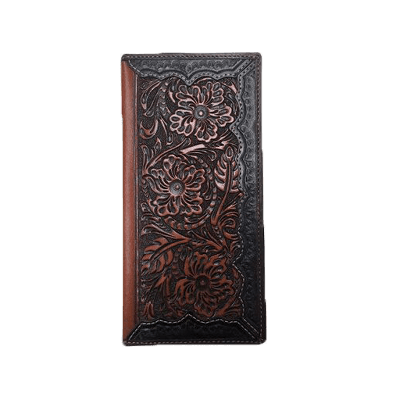 Tooled Dark Brown Long Copper Saddle Wallet