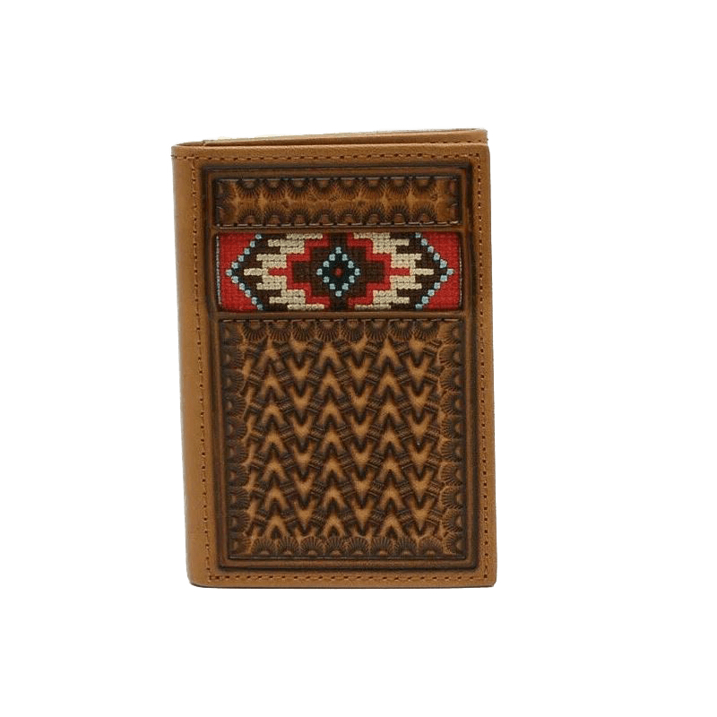 Ariat Brown Basketweave with Aztec Embroidery Tri-Fold Wallet