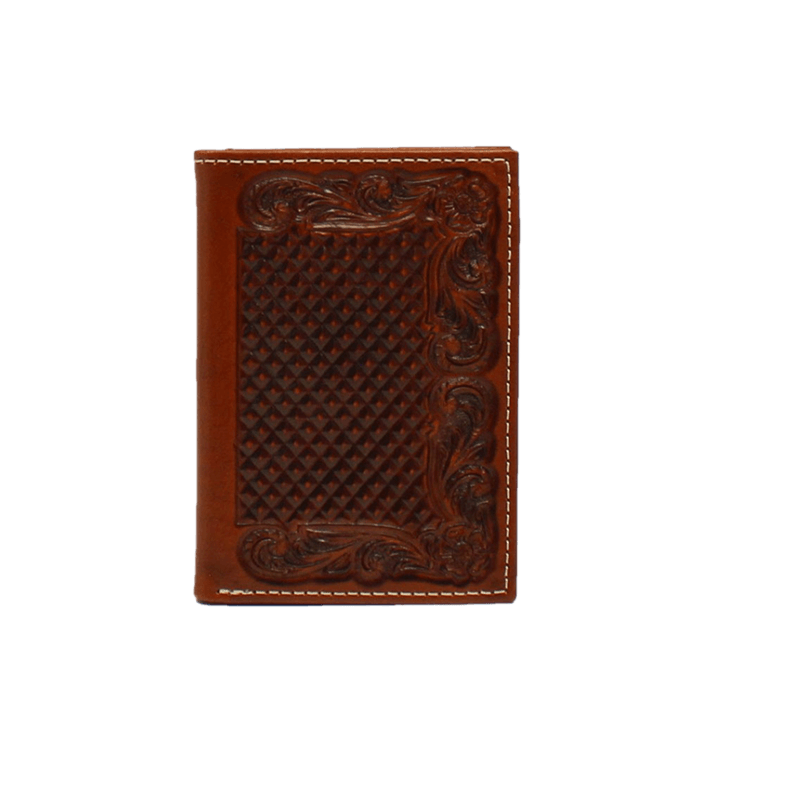 Ariat Western Men's Trifold Leather Embossed Weave Floral Tan Wallet