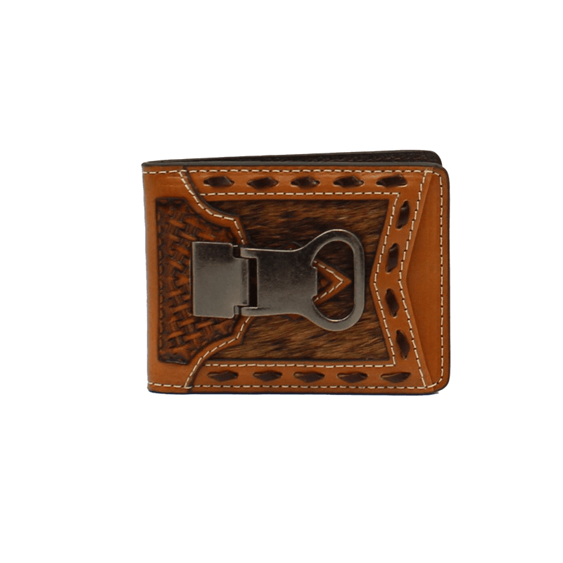 Ariat Men's Bifold Basket Weave Calf Hair Brown Money Clip Wallet