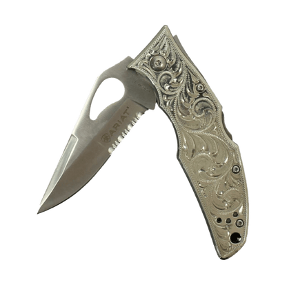 Ariat M&amp;F Men´s Serrated Folding Silver Engraved Medium Knive