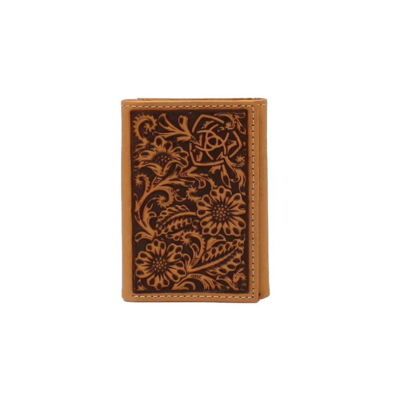 Ariat Trifold Floral Embossed Brown Leather Wallet