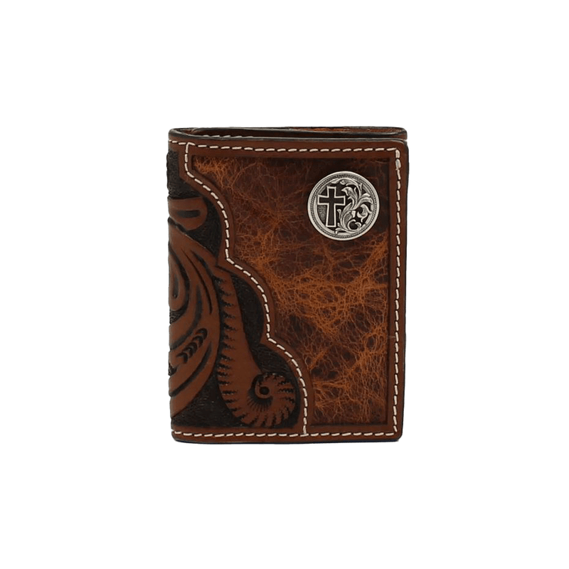 M&F Men's 3D Floral Tooled Cross Concho Trifold Wallet